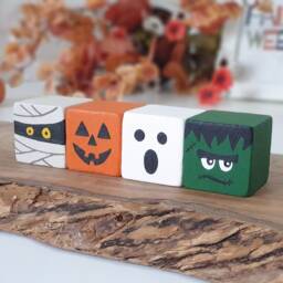 Halloween Wood Block Set, Wooden Tier Tray Cute Home Decor/Pumpkin, Ghost, Mummy & Frankenstein Sign - thumbnail 2