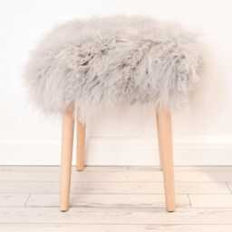 100% Genuine Mongolian Fur Stool Dressing Table Dove Gray With Wooden Legs. 50cmx42x42
