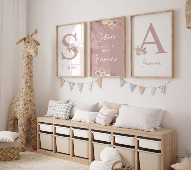Set Of 3, Sisters Print Dusky Pink Floral Girls Bedroom Decor, Nursery Prints - image 1