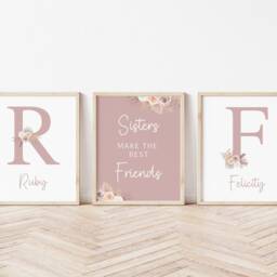 Set Of 3, Sisters Print Dusky Pink Floral Girls Bedroom Decor, Nursery Prints - thumbnail 2
