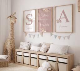 Set Of 3, Sisters Print Dusky Pink Floral Girls Bedroom Decor, Nursery Prints - thumbnail 1