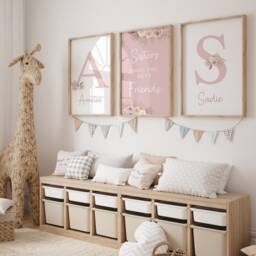 Set Of 3, Sisters Print Dusky Pink Floral Girls Bedroom Decor, Nursery Prints - thumbnail 3