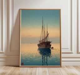 Japanese Seascape Print, Sailboat Wall Art, Tranquil Ocean Poster, Vintage Coastal Painting, Serenity Nautical Home Decor - thumbnail 1