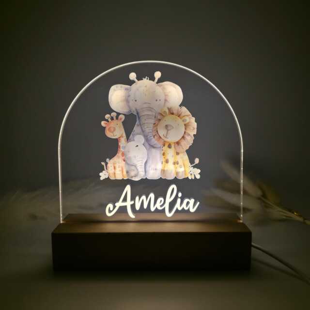 Custom Safari Animal Night Light - Personalized Baby Nursery Lamp With Wooden Base For Kids Room - image 1