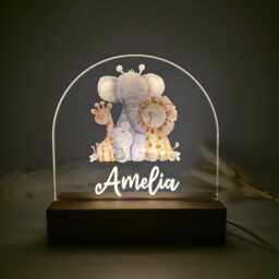 Custom Safari Animal Night Light - Personalized Baby Nursery Lamp With Wooden Base For Kids Room