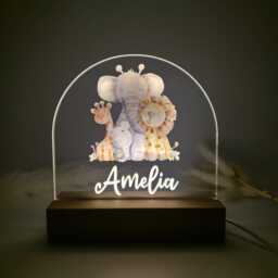 Custom Safari Animal Night Light - Personalized Baby Nursery Lamp With Wooden Base For Kids Room - thumbnail 2