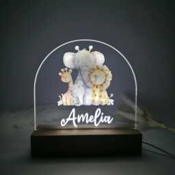 Custom Safari Animal Night Light - Personalized Baby Nursery Lamp With Wooden Base For Kids Room - thumbnail 4