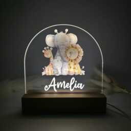 Custom Safari Animal Night Light - Personalized Baby Nursery Lamp With Wooden Base For Kids Room - thumbnail 3