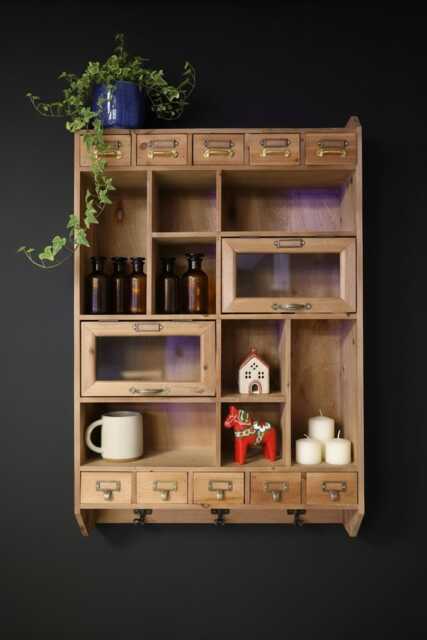Rustic Wood Wall Display Cabinet - Home Storage Organiser With Drawers Hooks & Cubbies H85cm X W57 Kitchen Bathroom Hall Wall Cupboard