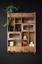 Rustic Wood Wall Display Cabinet - Home Storage Organiser With Drawers Hooks & Cubbies H85cm X W57 Kitchen Bathroom Hall Wall Cupboard - thumbnail 1