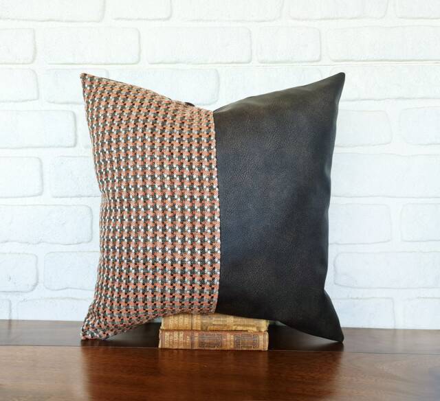 16x16''(41x41cm Half Poly Linen Look Herringbone Pattern Fabric & Dark Brown Faux Leather Pillow Cover/Housewarming Gift-1Qty - image 1