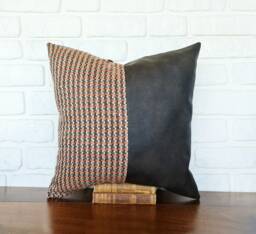 16x16''(41x41cm Half Poly Linen Look Herringbone Pattern Fabric & Dark Brown Faux Leather Pillow Cover/Housewarming Gift-1Qty - thumbnail 1