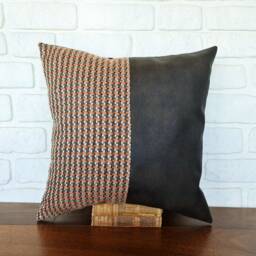 16x16''(41x41cm Half Poly Linen Look Herringbone Pattern Fabric & Dark Brown Faux Leather Pillow Cover/Housewarming Gift-1Qty - thumbnail 2