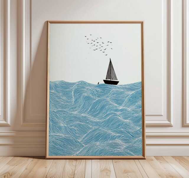 Sailboat Wall Art - Ocean Waves Print Nautical Coastal Poster Minimalist Sea Artwork Modern Beach House Decor - image 1
