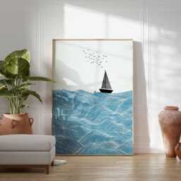 Sailboat Wall Art - Ocean Waves Print Nautical Coastal Poster Minimalist Sea Artwork Modern Beach House Decor - thumbnail 2