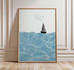 Sailboat Wall Art - Ocean Waves Print Nautical Coastal Poster Minimalist Sea Artwork Modern Beach House Decor - thumbnail 1