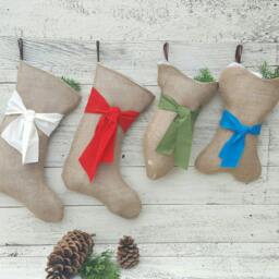 Set Of 4 Christmas Burlap Stockings Regular, Pup, Kitties-Personalized Names - Beautiful Natural Burlap Shabby Chic Southern Charm - thumbnail 1
