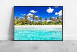 Exotic Tropical Beach Paradise Wall Art Framed Palm Tree Scene Print On Paper For Summer Decor - thumbnail 1