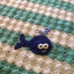 Crochet Baby Blanket in White & Aqua Stripes With Cute Little Blue Whale - thumbnail 3