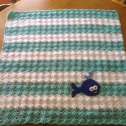 Crochet Baby Blanket in White & Aqua Stripes With Cute Little Blue Whale - thumbnail 2