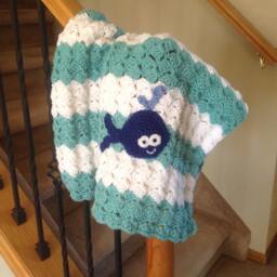 Crochet Baby Blanket in White & Aqua Stripes With Cute Little Blue Whale - thumbnail 1