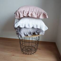 Gray Linen Pillow With Ruffles, Boho Decorative Throw Pillow, Neutral Home Decor - thumbnail 3