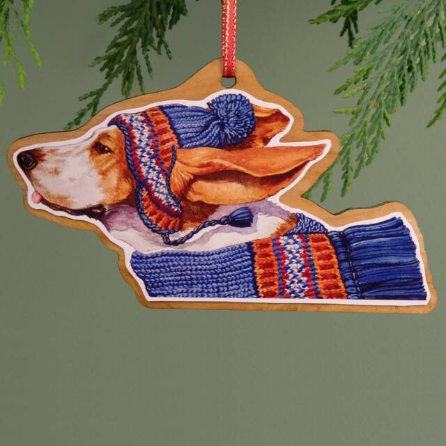 Bassett Hound Ornament, Art, Wood Ornament, Christmas Ornament, Watercolor Dog Art, Handmade Pet Ornament - image 1
