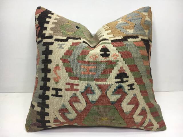 Vintage Kilim Pillow Cover, Handwoven Turkish Pillow, 16x16 - image 1