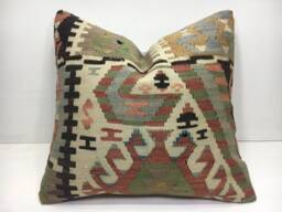 Vintage Kilim Pillow Cover, Handwoven Turkish Pillow, 16x16 - thumbnail 1