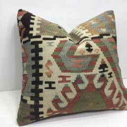 Vintage Kilim Pillow Cover, Handwoven Turkish Pillow, 16x16 - thumbnail 2