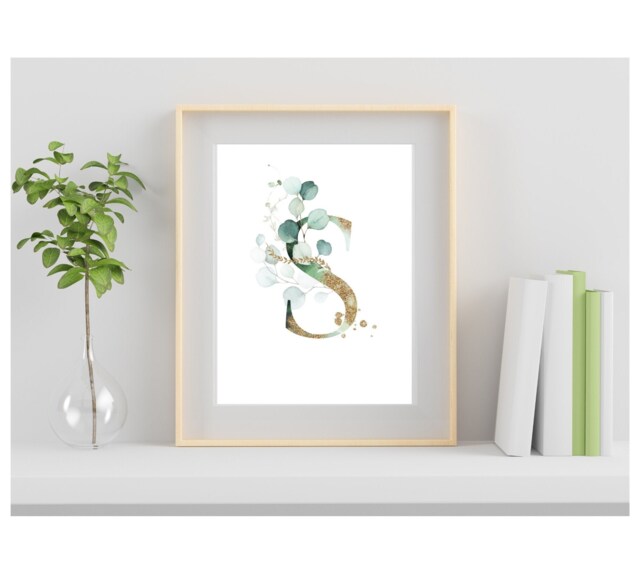 Eucalyptus Personalised Print, Gold Floral Leaf Initial Letter Typography Bedroom Lounge Pictures, Botanical Print - image 1
