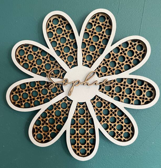 Rattan Flower, Rattan Wall Art, Nursery Decor, 9 Petal Daisy, Wooden Names, Personalised Gift, New Baby Gift - image 1