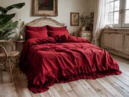 Marsala Double Ruffles Soft Linen Bedding Set King Queen Duvet Cover 2 Pillowcases Two Comforter With Zipper - thumbnail 1