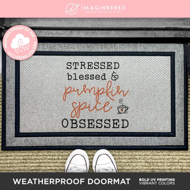 stressed Blessed & Pumpkin Spice Obsessed Door Mat - Welcome Fall Quote Washable Porch Decor Funny Lover Gift - image 1