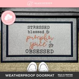 stressed Blessed & Pumpkin Spice Obsessed Door Mat - Welcome Fall Quote Washable Porch Decor Funny Lover Gift - thumbnail 1