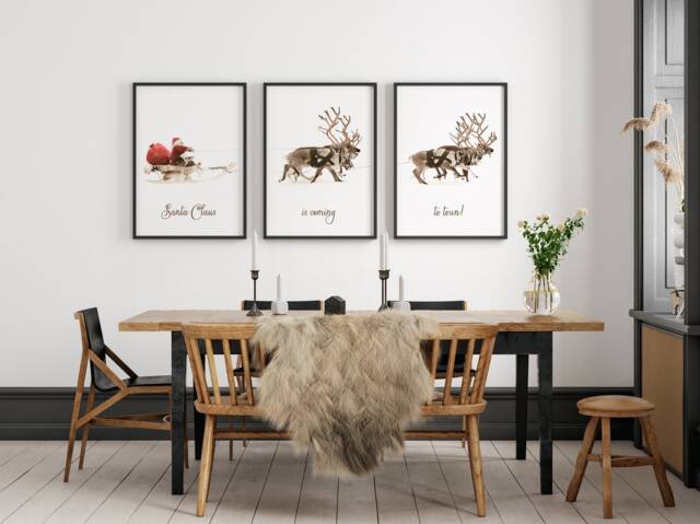 Christmas Prints Set Of 3, Santa Claus Reindeers Print, Sleigh Decor, Xmas Wall Art, Rustic Noridc Winter - image 1