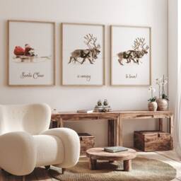Christmas Prints Set Of 3, Santa Claus Reindeers Print, Sleigh Decor, Xmas Wall Art, Rustic Noridc Winter - thumbnail 3