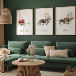 Christmas Prints Set Of 3, Santa Claus Reindeers Print, Sleigh Decor, Xmas Wall Art, Rustic Noridc Winter - thumbnail 2