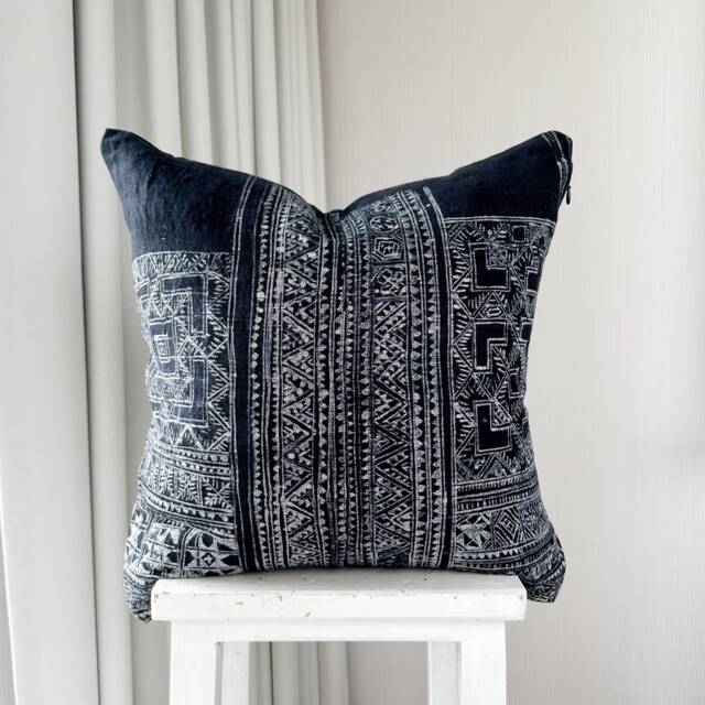 "Handcrafted Hmong Pillow Cover Indigo Hemp, Vintage Textile - 18"" X 18" - image 1