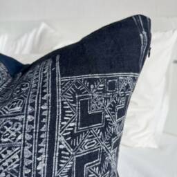 "Handcrafted Hmong Pillow Cover Indigo Hemp, Vintage Textile - 18"" X 18" - thumbnail 3