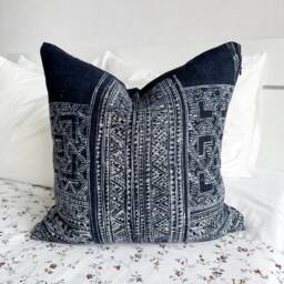"Handcrafted Hmong Pillow Cover Indigo Hemp, Vintage Textile - 18"" X 18" - thumbnail 2