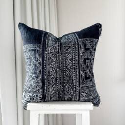 "Handcrafted Hmong Pillow Cover Indigo Hemp, Vintage Textile - 18"" X 18" - thumbnail 1