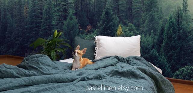 Linen Bedding Set - 2 Pillowcases & Duvet Cover Green Set Natural Bedding Full -King Queen Size Organic Melange- Green - image 1