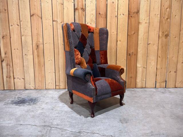 Unique Orange & Grey Patterned Velvet Patchwork Chesterfield High Back Wing Chair, British Handmade - image 1
