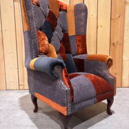 Unique Orange & Grey Patterned Velvet Patchwork Chesterfield High Back Wing Chair, British Handmade - thumbnail 2