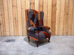 Unique Orange & Grey Patterned Velvet Patchwork Chesterfield High Back Wing Chair, British Handmade - thumbnail 1