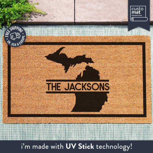 Custom Michigan Doormat - State Family Monogram Personalized Map Closing Gift Silhouette Mat Realtor - image 1