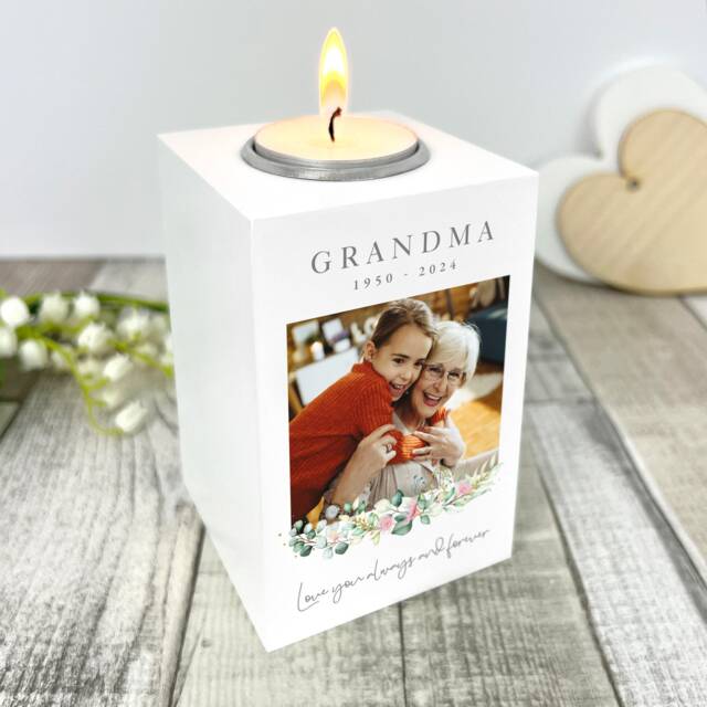 Personalised Photo White Tea Light Holder - Floral Wooden Candle, Custom Keepsake - image 1