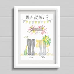 Spring Wedding Gift. Personalised Welly Boot Print. Anniversary Present With Couples Name. Pale Yellow, Grey, & Green Wedding - thumbnail 1