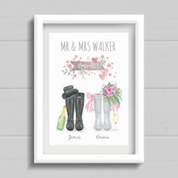 Spring Wedding Gift. Personalised Welly Boot Print. Anniversary Present With Couples Name. Pale Yellow, Grey, & Green Wedding - thumbnail 3